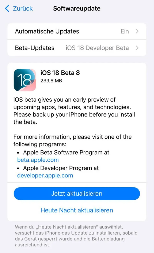 富拉尔基苹果手机维修分享苹果 iOS / iPadOS 18 开发者预览版 Beta 8 发布 